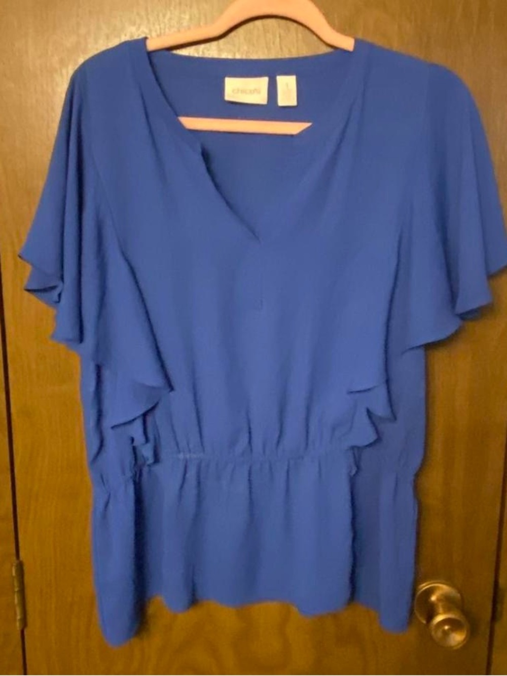 Chico's Royal Blue V-Neck Flutter Sleeve Blouse